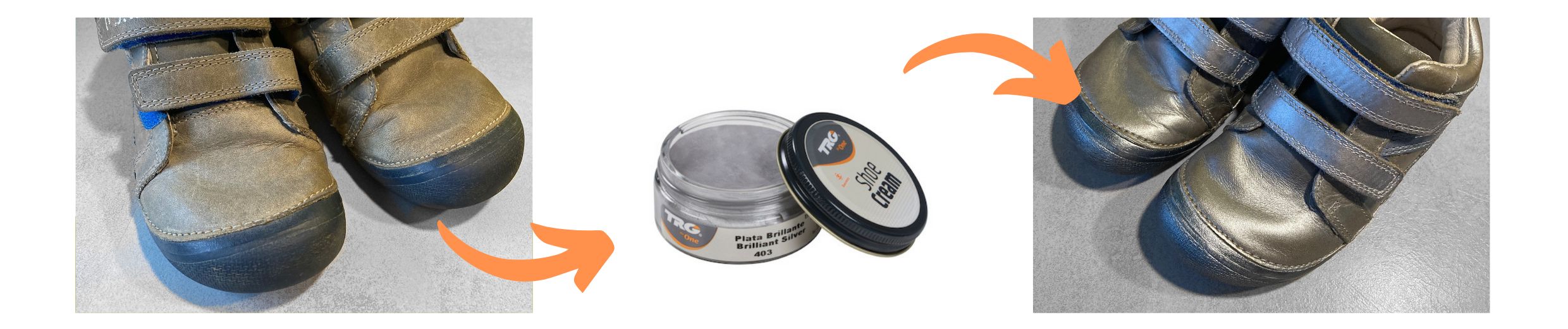 Stylová přeměna vyšisovaných dětských botiček renovace botiček doma Stříbrný krém na dětské okopané boty použití v praxi Shoe Cream 402 Brilliant Silver trg the one fotka před a po zkušenost doma jak na opravu dětský